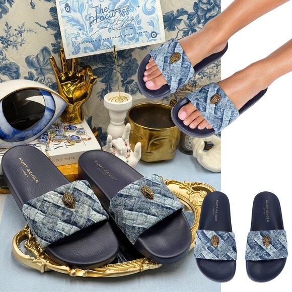 🆕 KURT GEIGER LONDON 🧿 NWOB Blue Denim Meena Eagle Slides, Sz EU 42 US 11 - Picture 1 of 13